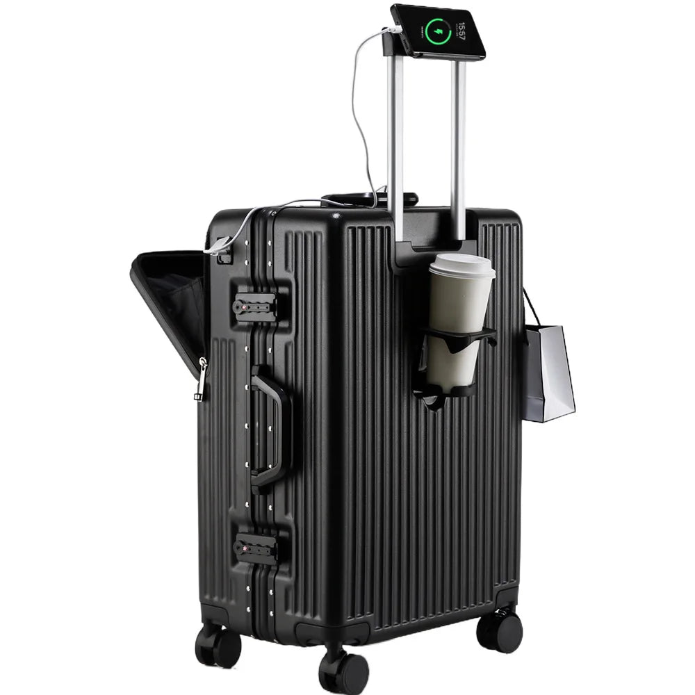 Valise cabine aluminium ouverture frontale – Port USB & roues freinées