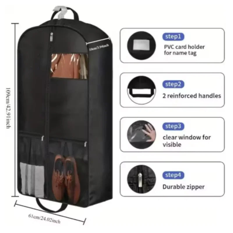 Travel Suit Bag with Zipper Closure, Gusseted Hanging Clothes Storage Organizer and Pocket for Shirts, Coats, Dresses