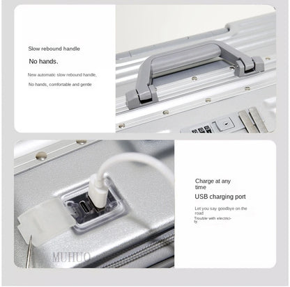 Aluminum front-opening cabin suitcase – USB port & braked wheels