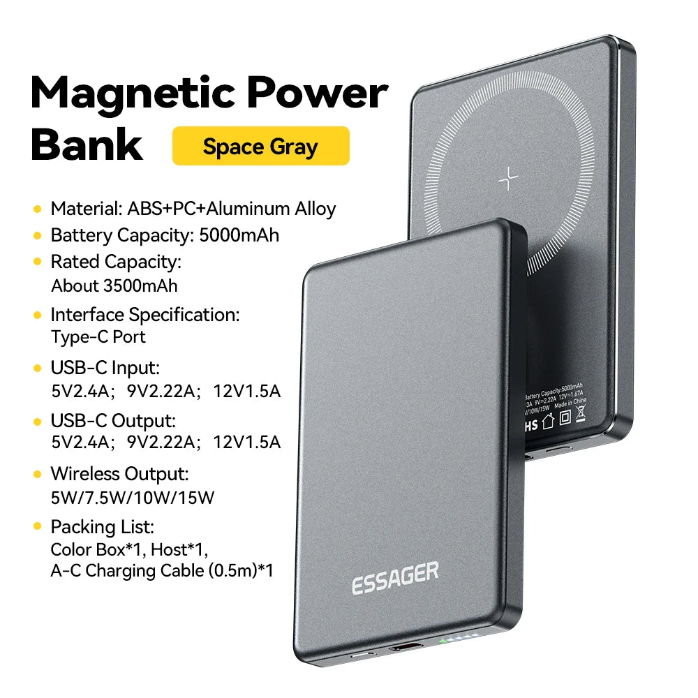 Powerbank Magnétique Mince 5000mAh – Charge Sans Fil 20W MagSafe
