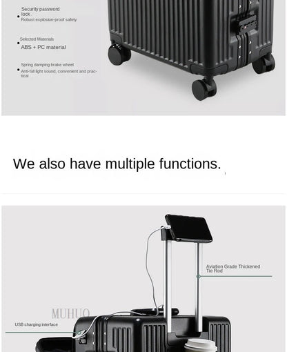 Aluminum front-opening cabin suitcase – USB port & braked wheels