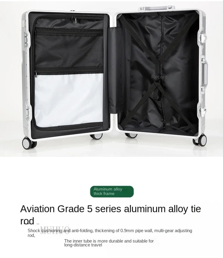 Aluminum front-opening cabin suitcase – USB port & braked wheels