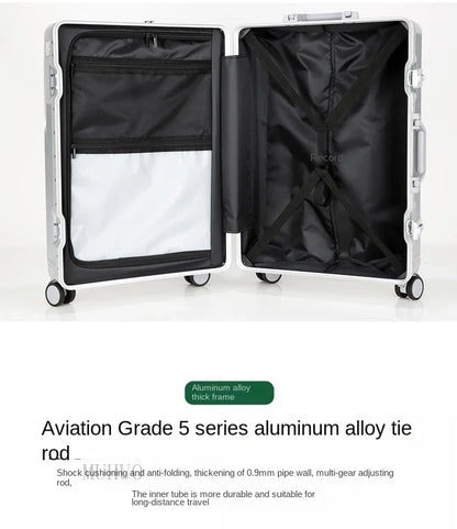 Aluminum front-opening cabin suitcase – USB port & braked wheels