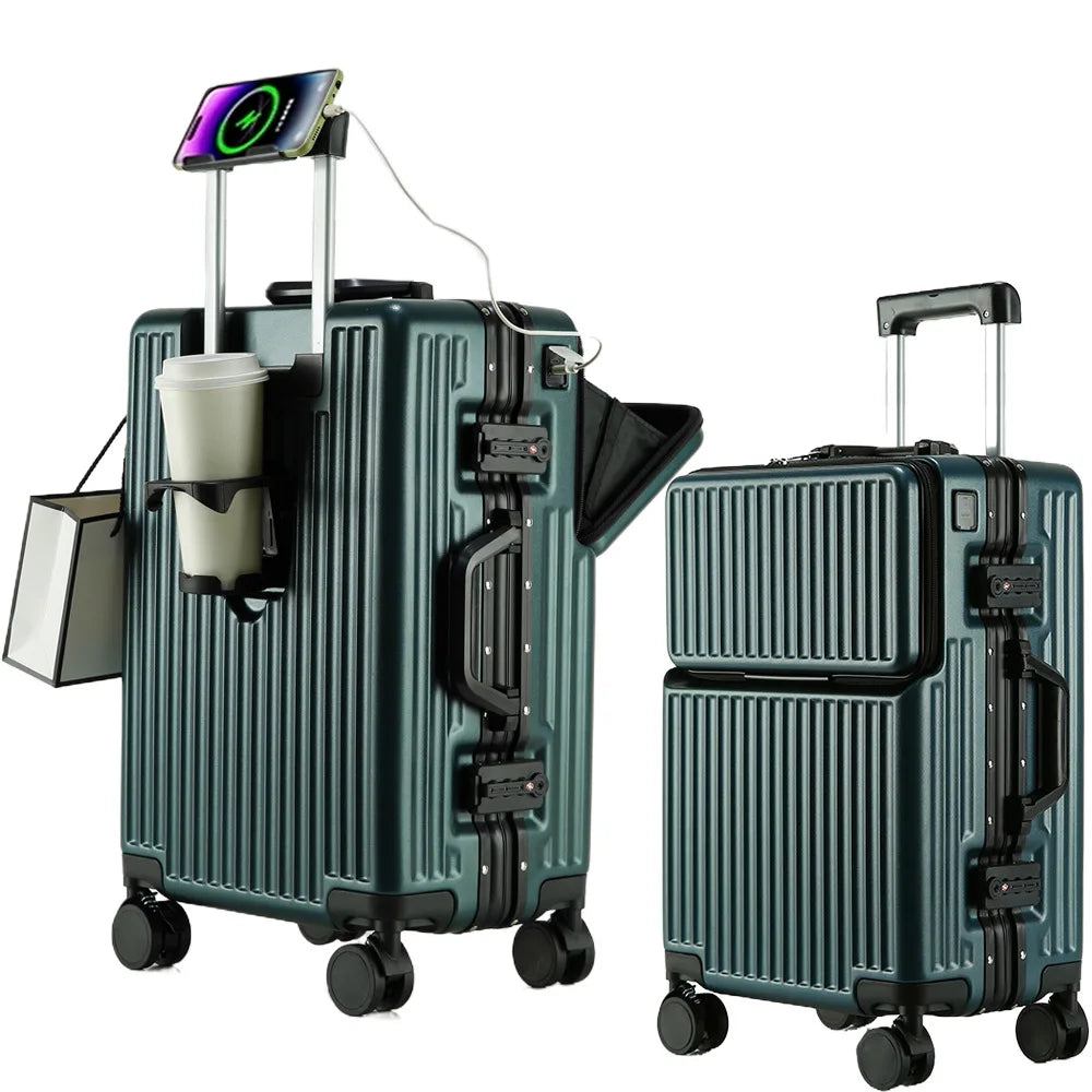 Aluminum front-opening cabin suitcase – USB port & braked wheels