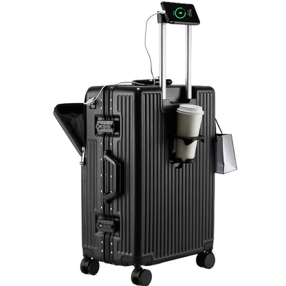 Aluminum front-opening cabin suitcase – USB port & braked wheels