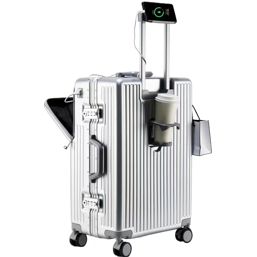 Aluminum front-opening cabin suitcase – USB port & braked wheels