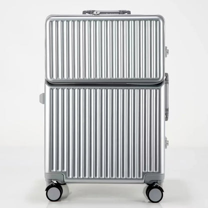 Aluminum front-opening cabin suitcase – USB port & braked wheels