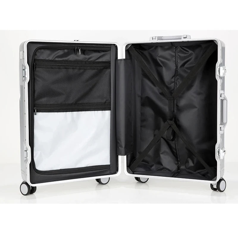 Aluminum front-opening cabin suitcase – USB port & braked wheels