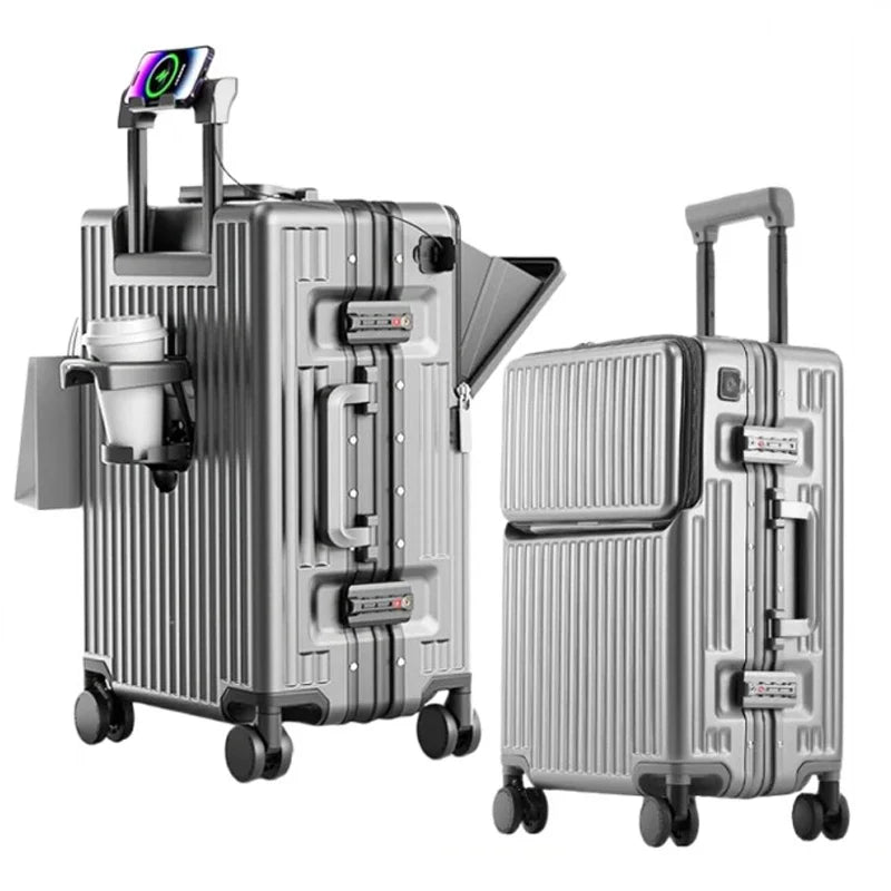 Aluminum front-opening cabin suitcase – USB port & braked wheels