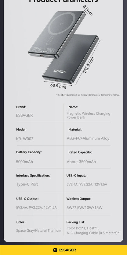 Powerbank Magnétique Mince 5000mAh – Charge Sans Fil 20W MagSafe