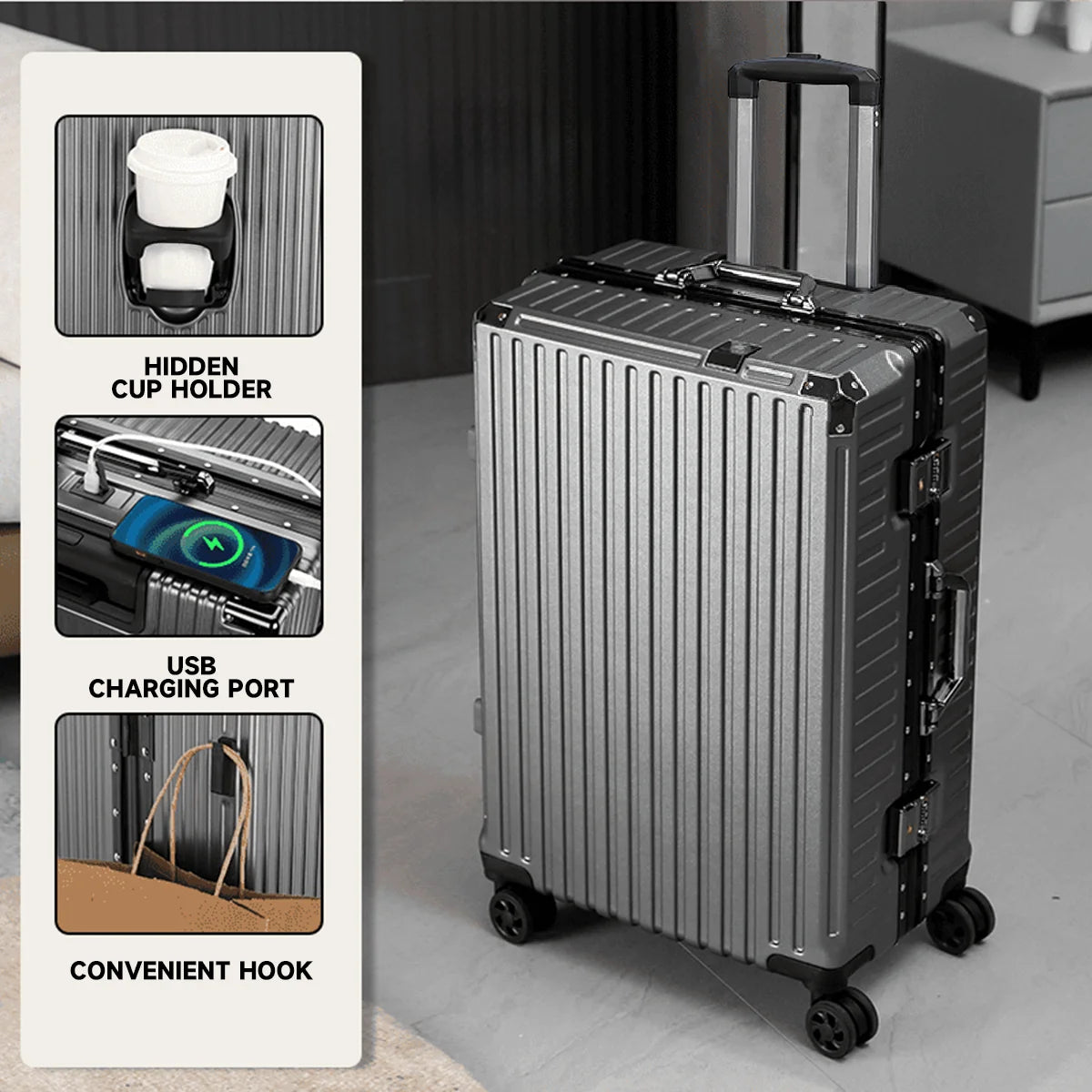 Valise trolley à cadre aluminium 20"-28" – Port USB, serrure à combinaison & roues spinner