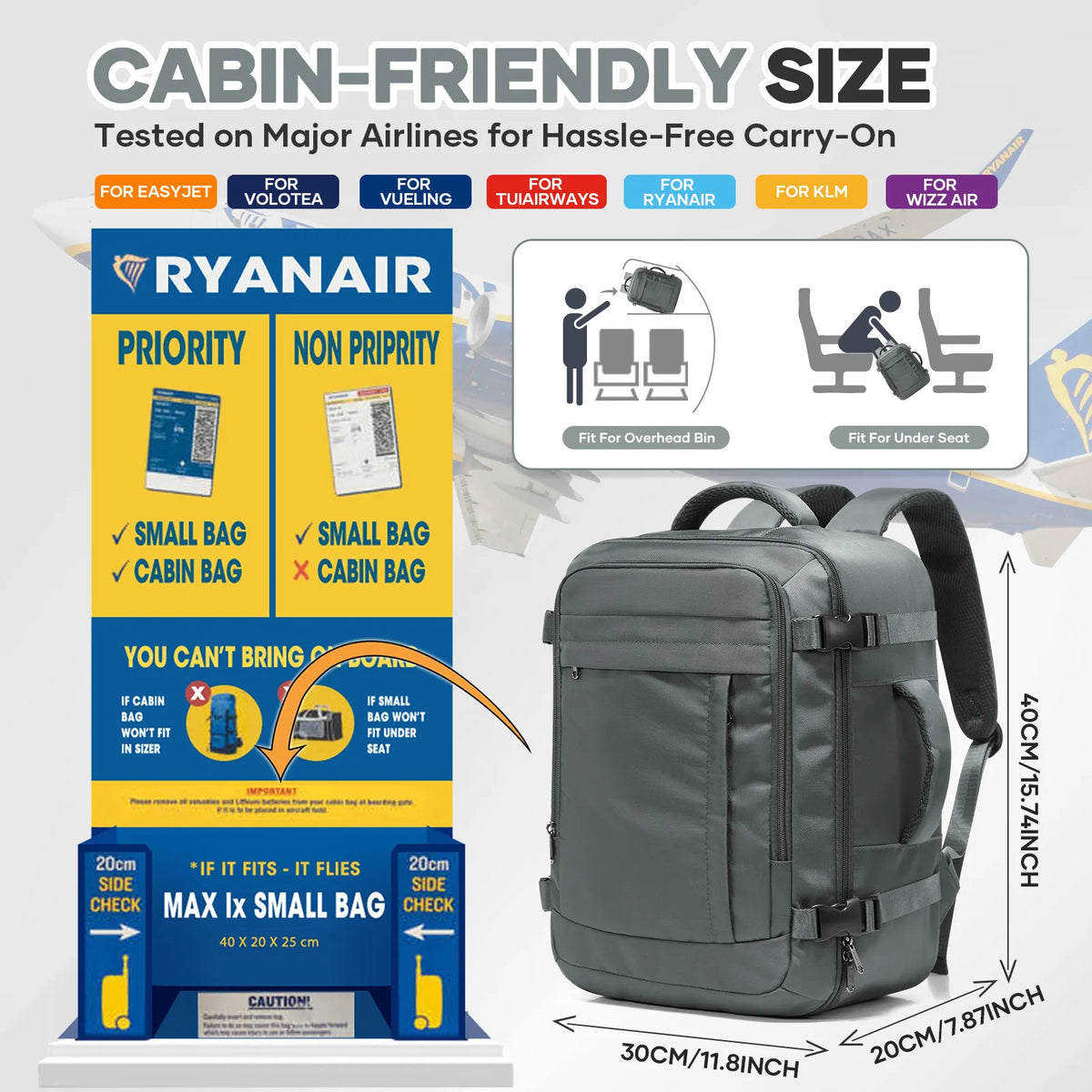 Sac de voyage cabine Ryanair 40x30x20 – Sac à dos sous-siège & laptop