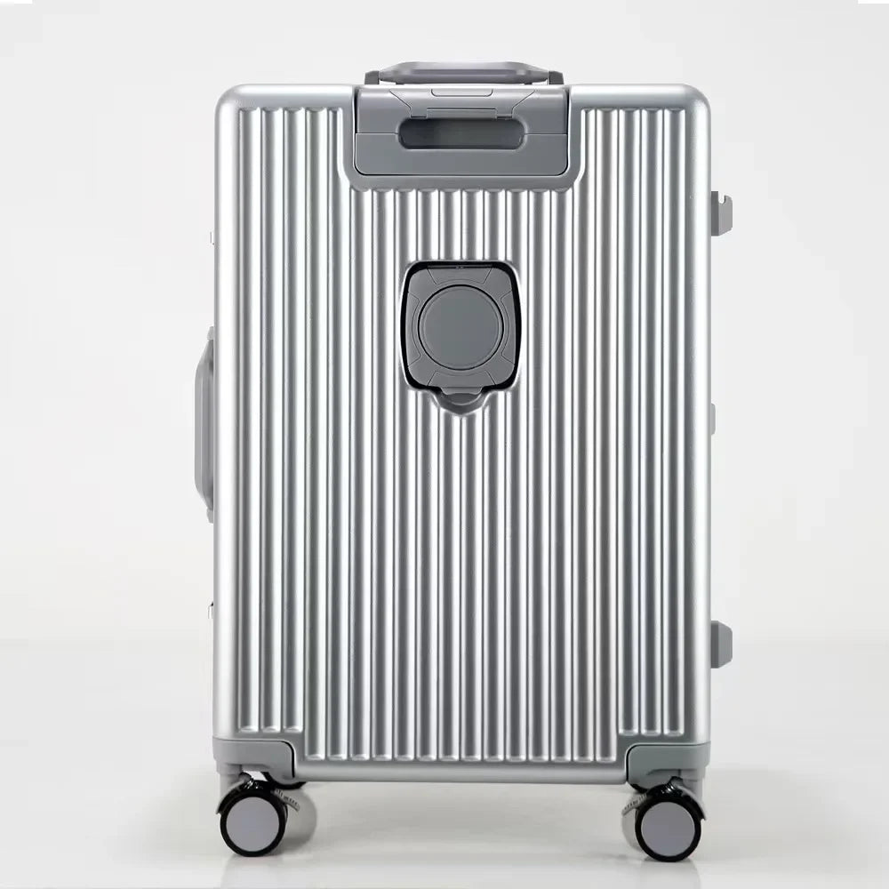 Aluminum front-opening cabin suitcase – USB port & braked wheels