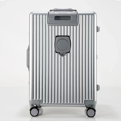 Aluminum front-opening cabin suitcase – USB port & braked wheels