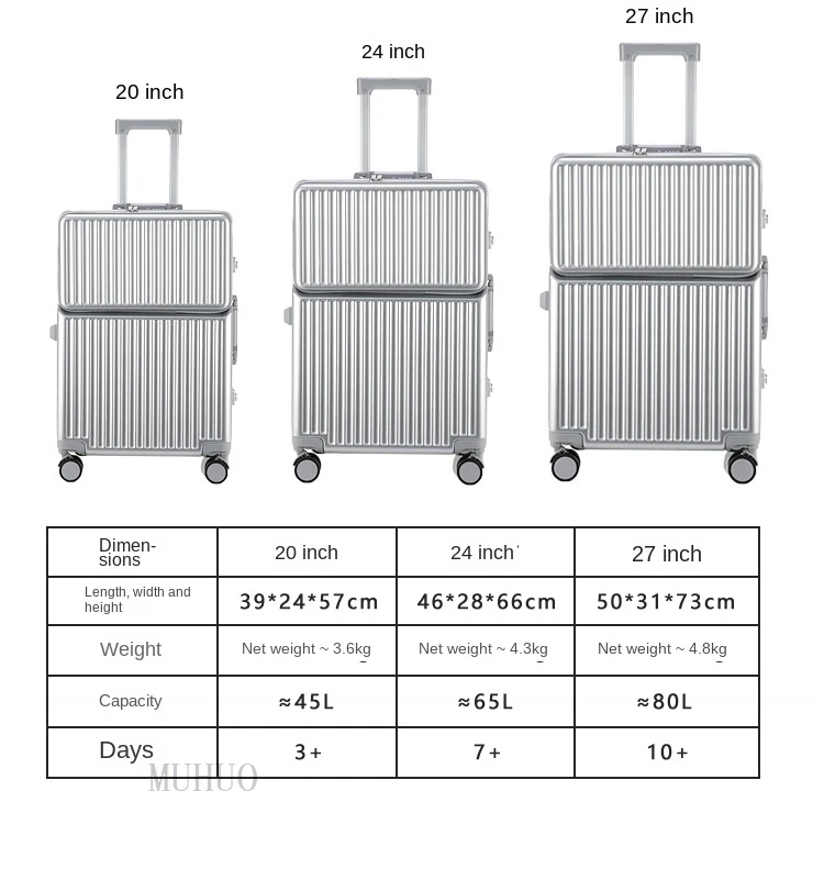 Aluminum front-opening cabin suitcase – USB port & braked wheels