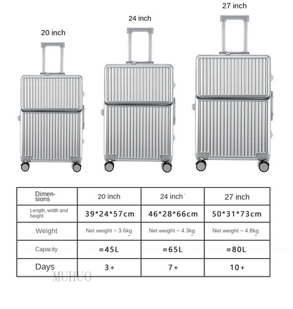 Aluminum front-opening cabin suitcase – USB port & braked wheels